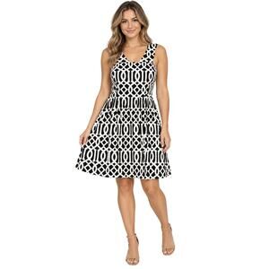 Mud pie sz XS Canvas knit black white geometric strappy summer flare dress EUC